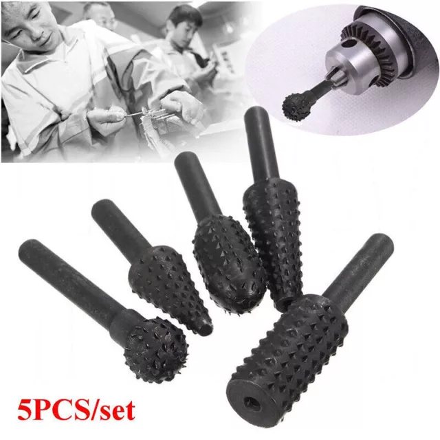 5PCS Rotary Burrs Set Wood Carving File Rasp Power Drill Bits Grinder Shank Tool