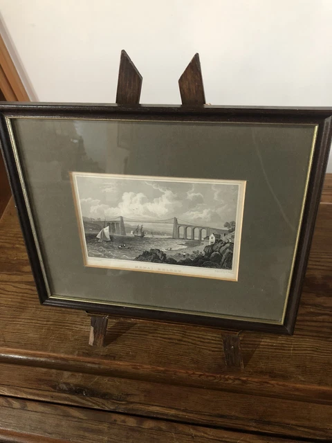 Antik gerahmter & montierter gravierter Druck der Menai-Brücke von T. Friseur C:-1820s.
