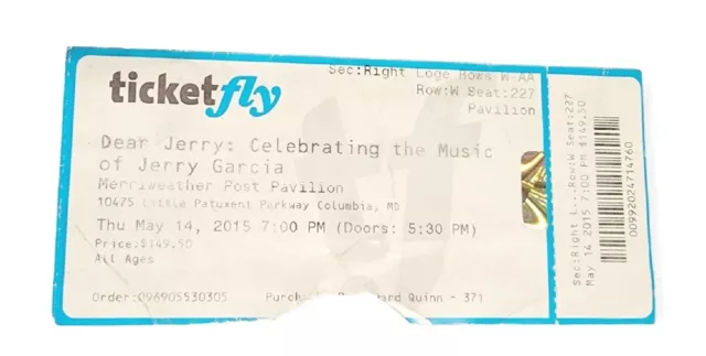 Dear Jerry Garcia Music Celebration Merriweather Pavilion Ticket Stub 5/14/2015