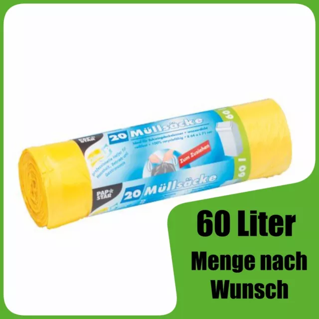 60 Liter Müllsäcke Müllbeutel zum Zuziehen, HDPE 71 cm x 64,5 cm gelb Papstar