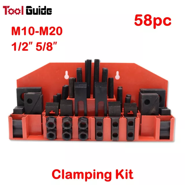 58pc M10-M20 1/2-5/8" Clamping Kit T-Slot Nut Step Block Clamp Milling Drilling