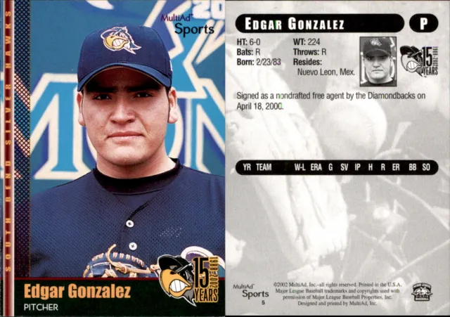 Edgar Gonzalez 2002 MultiAd South Bend Silver Hawks #5 Card *AutographDen*