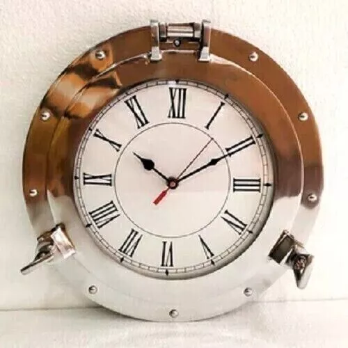 Reloj analógico de pared náutico con ojo de buey de barco marino plateado...