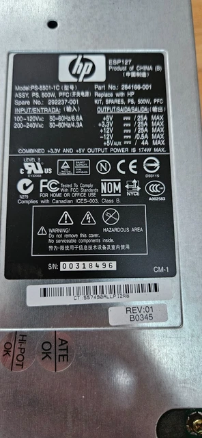 264166-001 PSU Hp/compaq Ps-5501-1c 500w ml 350 Spare no 292237-001