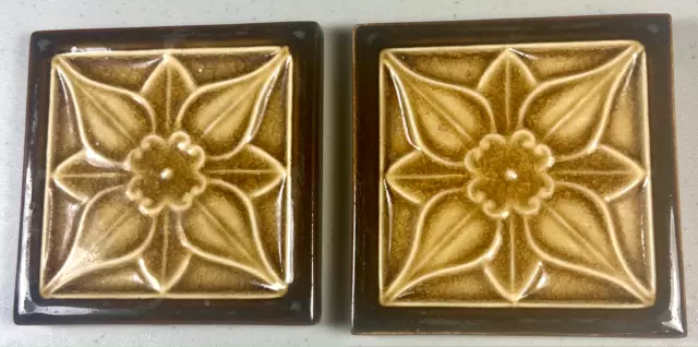 Pair Antique Ceramic / Pottery 4" Square Fireplace Tiles W/ Embossed Flowers