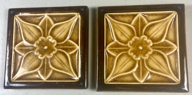 Pair Antique Ceramic / Pottery 4" Square Fireplace Tiles W/ Embossed Flowers