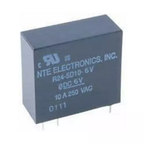 NTE R24-5D10-6V, SPDT 6V DC Coil 10 Amp, Vertical P.C. Mount Relay