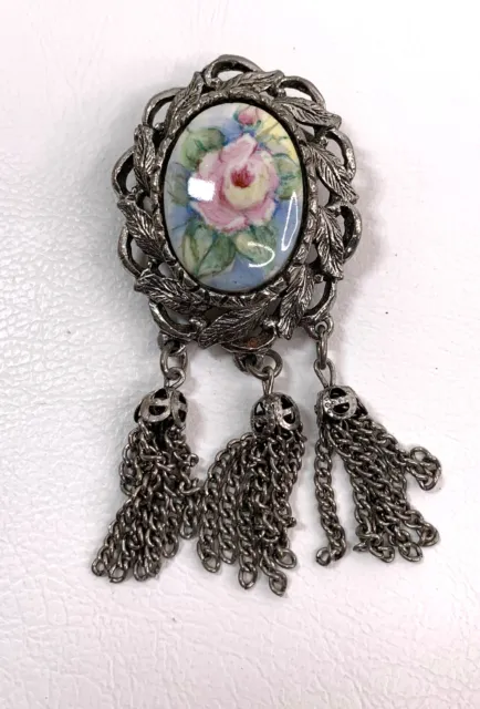 Vintage Tasseled Floral Brooch Victorian Style  Silver Tone Leaf Design