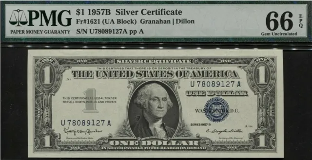 1957B $1 Silver Certificate Fr 1621 Small Blue Seal Pmg 66 Epq Gem