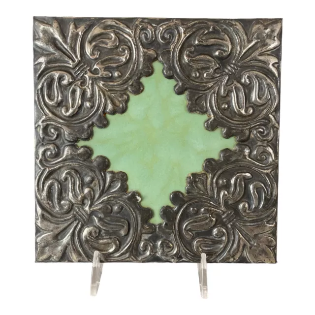 Handmade Victorian Art Nouveau Folk Art Ceramic Tile Trivet with Metal Tin Edge