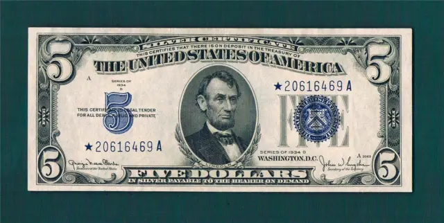 1934D $5.00(Wide I) Silver Certificate STAR Note~Crackly Cu with Nice Centering