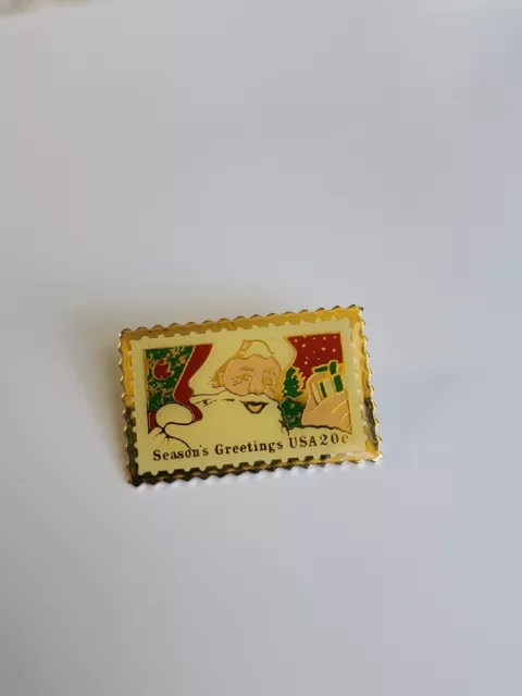 USPS Seasons Greetings USA 20 Cent Stamp Lapel Pin 1987 Santa Claus