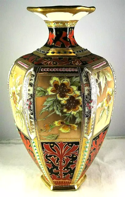 Nippon Antique Porcelain Multisided Floral Urn Vase with Jewels Green Mark 47
