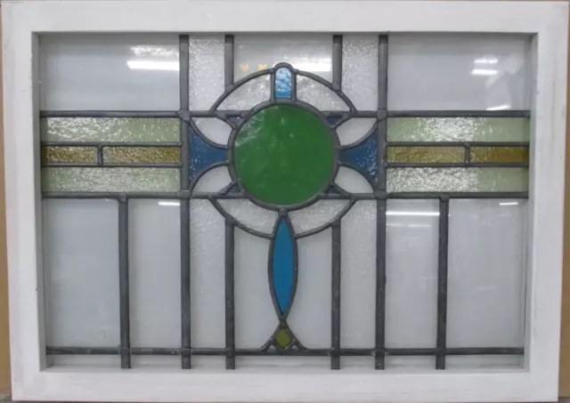 OLD ENGLISH LEADED STAINED GLASS WINDOW TRANSOM Pretty Geometric 27" x 19.5"