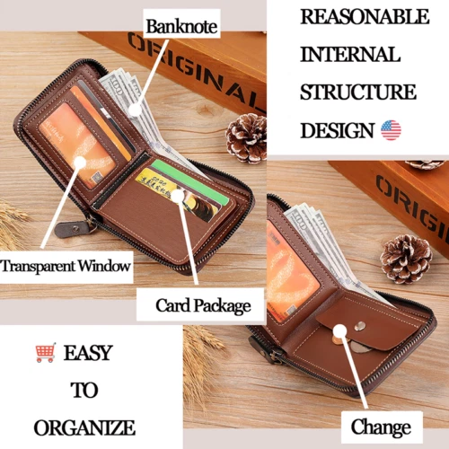 Mens RFID Blocking Leather Wallet Credit Card ID Holder Zipper Purse Waterproof 5