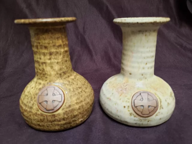 2 Fangfoss Pottery Vases Celtic Cross 4.25" Tall York UK 1970s/80s Marked FP EUC