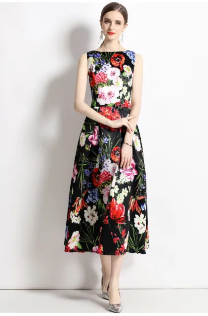 Occident Womens Sleeveless High Waist Floral Printed Dress A-line Skirt Downs