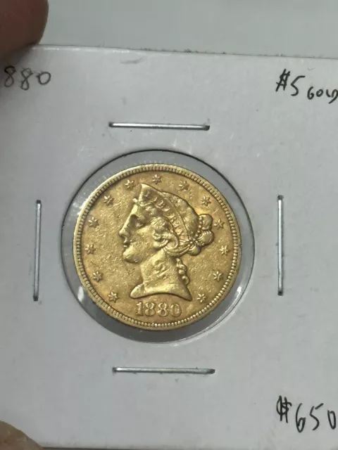 1880 Liberty Head Gold $5 Half Eagle US Coin Pre33 Gold Piece Five Dollar
