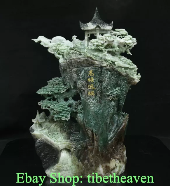 13.2" China Natural Dushan Green Jade Carving Old Man Scenery Pavilion Statue