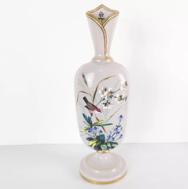 Vintage Victorian Bristol Milk Glass Vase Hand Painted Bird Florals 31 cm