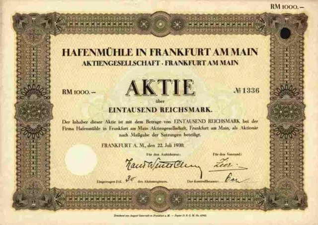 Hafenmühle AG 1930 Frankfurt Main Brotfabrik May Hausen Bankhaus Steffan 1000 RM