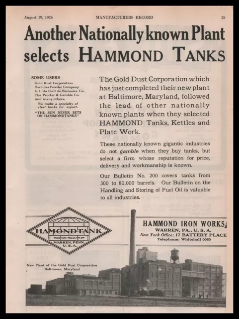 1926 Gold Dust Plant Photo Baltimore Maryland Hammond Iron Works Tanks Print Ad