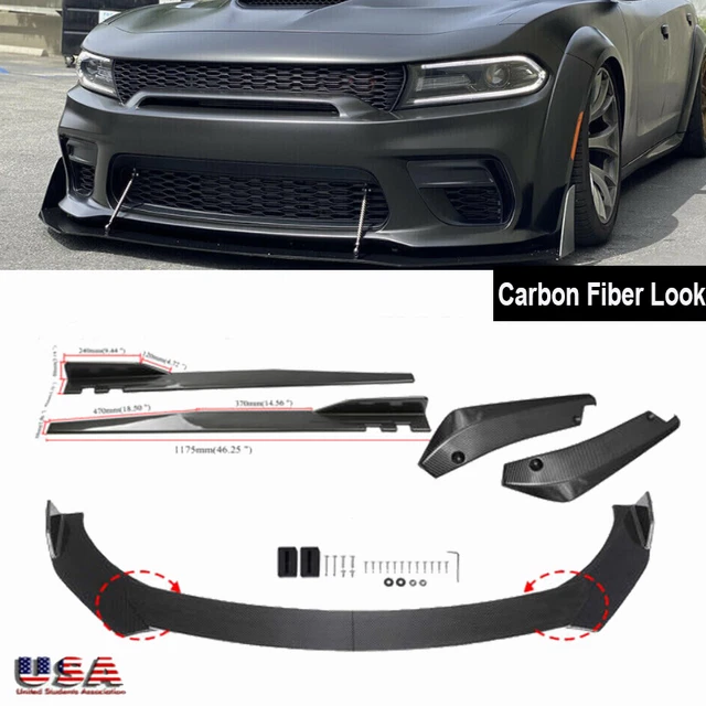 FOR DODGE CHARGER Carbon Fiber Look Front Bumper Lip Spoiler+Side Skirt