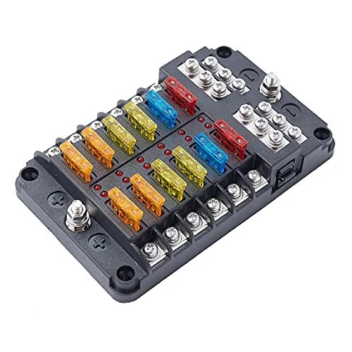 12-Way Fuse Block Waterproof Boat Fuse Panel 12-24V Marine Fuse Block with LED