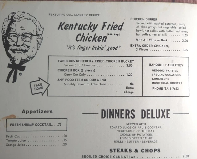 KENTUCKY FRIED CHICKEN KFC Menu Aldom's Restaurant Alliance OH 1950s
