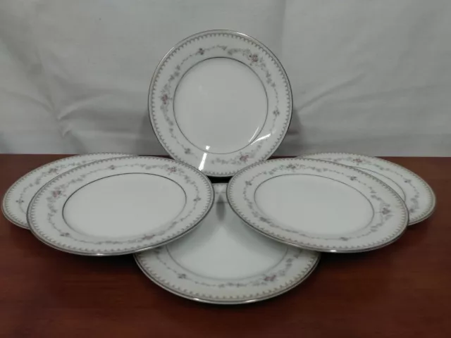 6102 Noritake FAIRMONT Platinum Green Dot Pink Rose 6 1/4" BREAD PLATES Set of 6