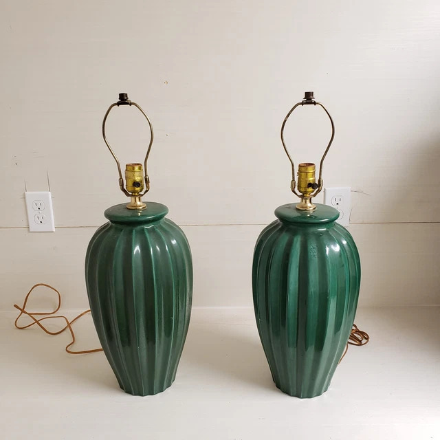 Mid Century Ceramic Glazed MCM Southwestern Green Table Lamp Pair