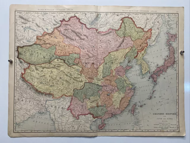 Large Format 1905 COLOR Rand McNally Map Atlas Page Xiv & Xv Chinese Empire