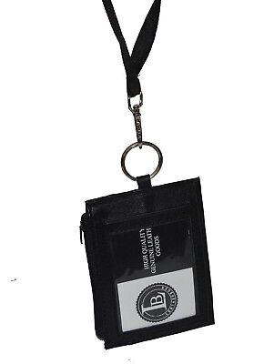 Leather ID Card Badge Holder Neck Pouch Ring Wallet With Strap New Black
