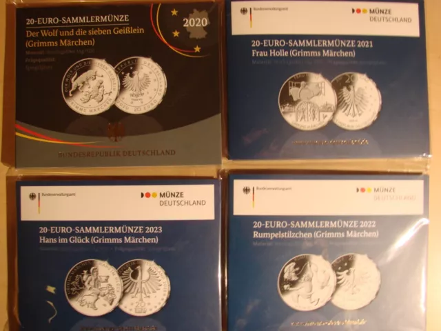 20 Euro Münzen, 4 Stück, Serie: Grimms Märchen, spgl, Frau Holle usw.