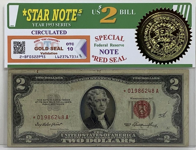 2 Dollar Bill 1953 ”*Star Note” and “RED SEAL” High Value Note