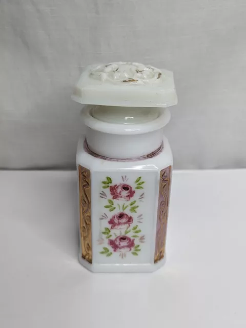 Antique Hand-Painted Opal Glass / Milk Glass Dresser Perfume Bottle with Cap, 4"