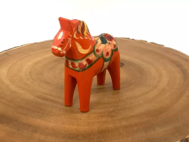 Dala Horse Nils Olsson Carved Wood Orange Red Akta Dalahemslojd Sweden 4" Vtg