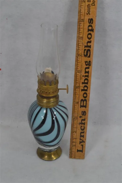 antique 19thc oil lamp small blue swirl case glass w/chimney height 10 original