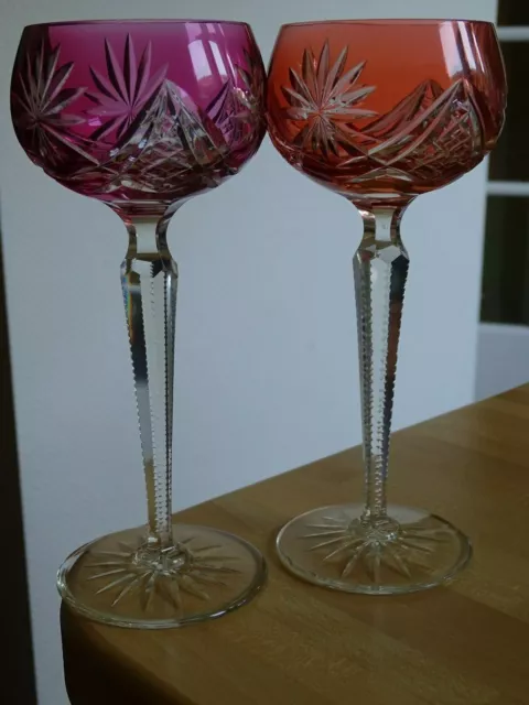 2 ANCIENS VERRES A VIN ROEMER CRISTAL TAILLER DOUBLER COLORER  ht 19,5 cm