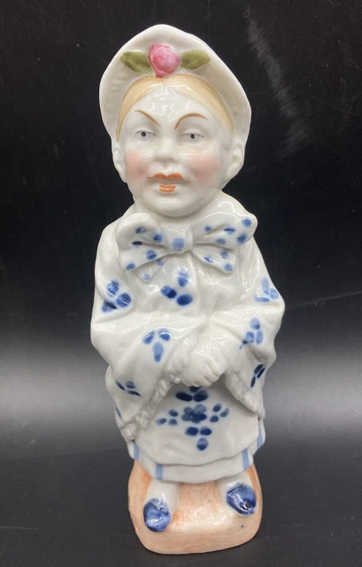 Antique German Hand Painted Porcelain Figurine Girl Blue White Dress