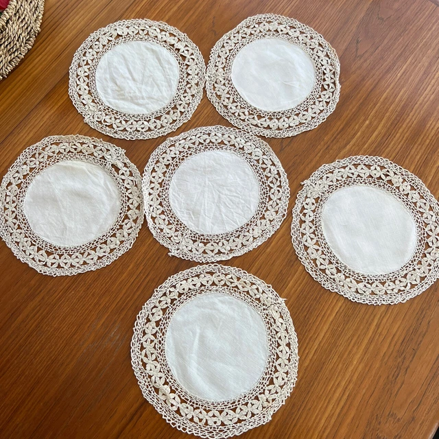 6 x Antique Ivory Maltese Lace Table Mats Crochet Doilies 9" Diameter / b45