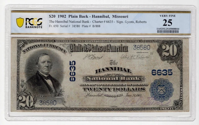 1902 $20 Plain Back The Hannibal National Bank Hannibal Missouri PCGS VF 25