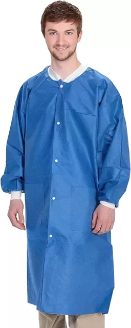 Disposable Lab Coats 38" Long 100ct Blue Adult Work Gowns Medium SMS 40 gsm PPE