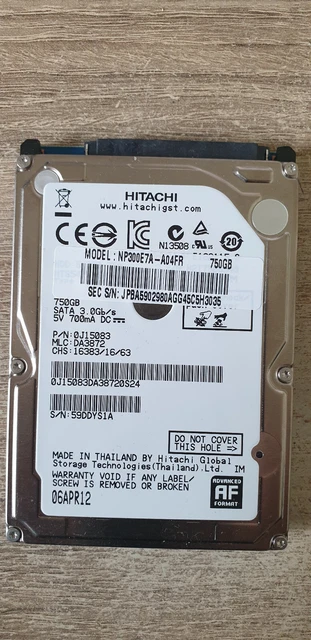 Disque Dur Interne 2,5" Hitachi 750 Go - Modèle HTS547575A9E384, SATA II, 5400 RPM, Cache 8 Mo - Occasion Fonctionnel