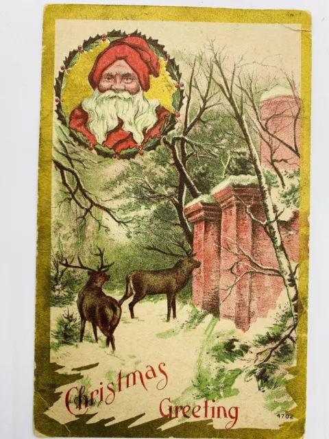 Antique Victorian Gold Gilded Christmas Postcard Santa Inset Red Brick Reindeer