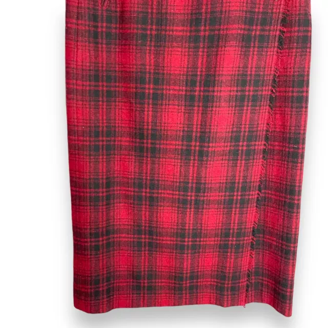 Womans LL Bean Vintage Wool Blend Wrap Skirt 8 Red Plaid Maxi Length Tartan Kilt 3