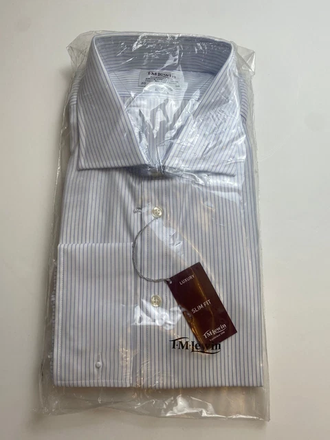 T.M. Camicia Lewin blu a righe 20"" - 38"" vestibilità regolare doppio polsino NUOVA