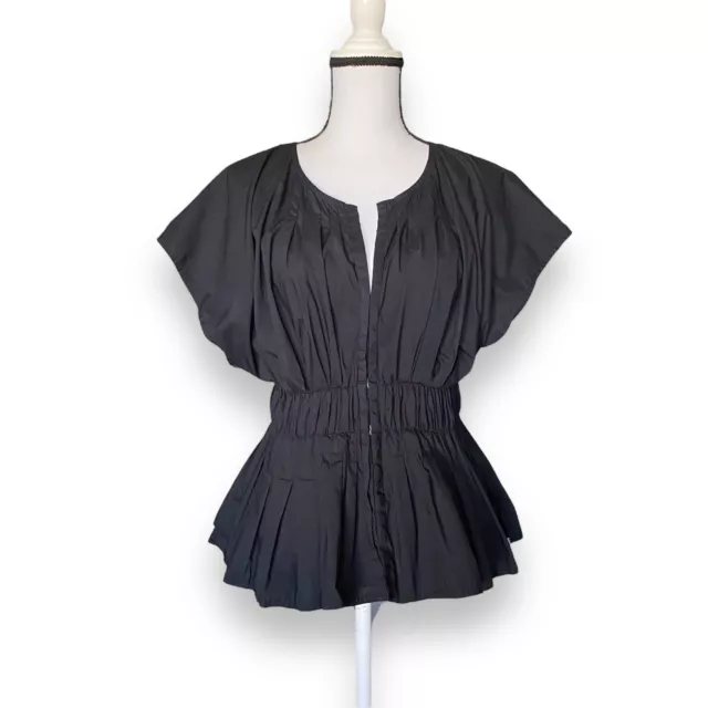 Rebecca Taylor Cotton Poplin Blouse Top Sz M Black Peplum Waist Short Sleeve