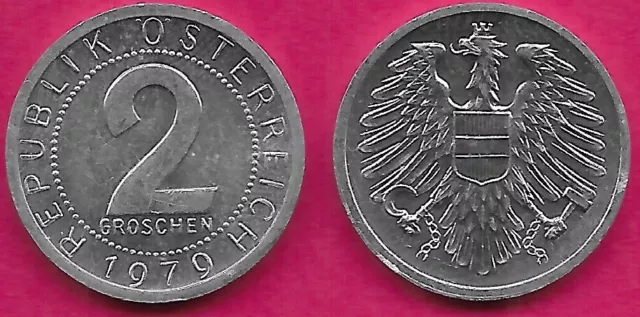 Austria 2 Groschen 1979 Unc Imperial Eagle With Austrian Shield On Breast,Holdin