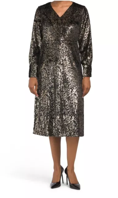 Elie Tahari Womens Dress Size 2 Black Metallic Bronze Leopard Print Midi $345